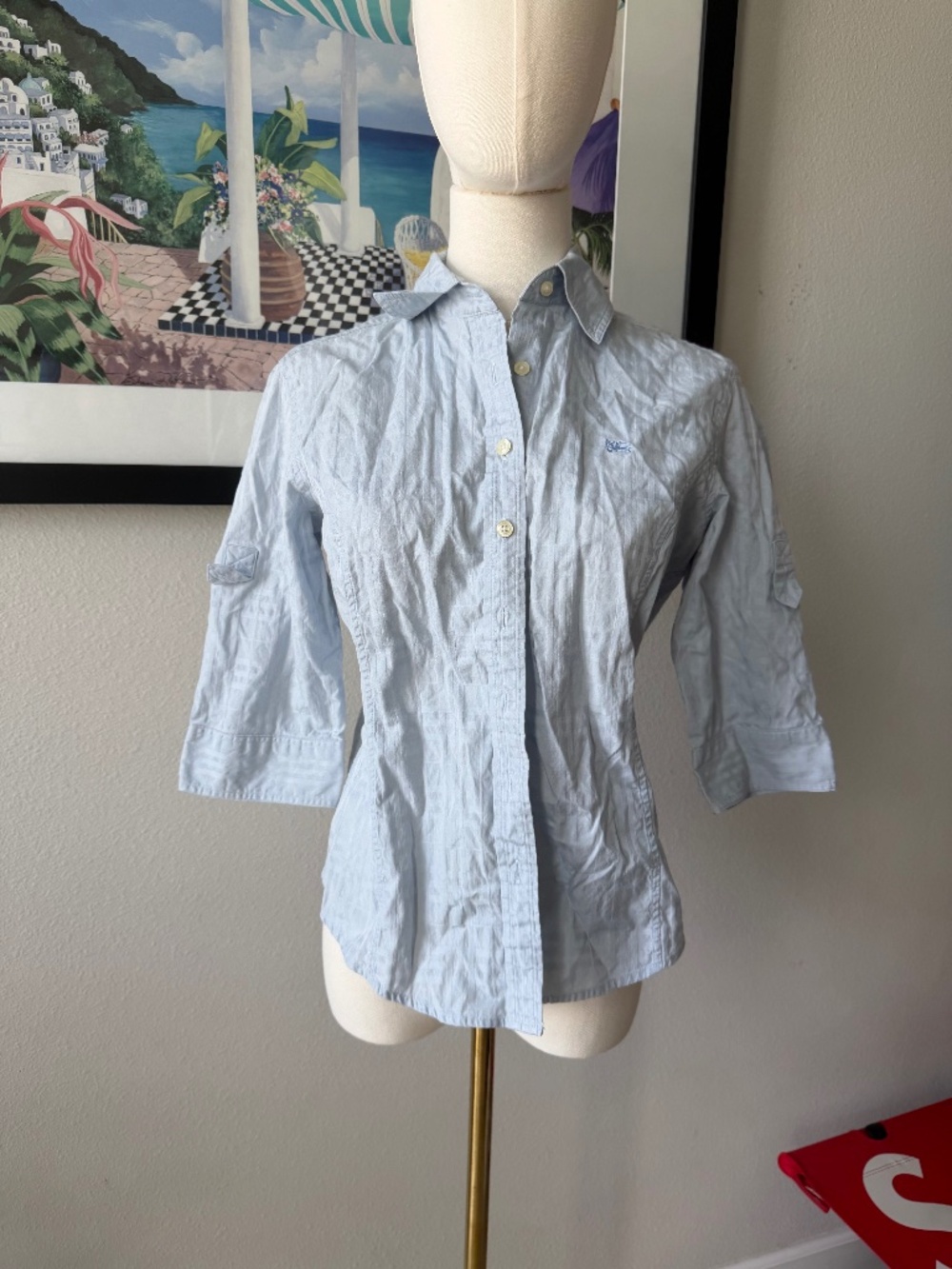 Vintage Burberry Women's 100% Cotton Blue Button Up Medium